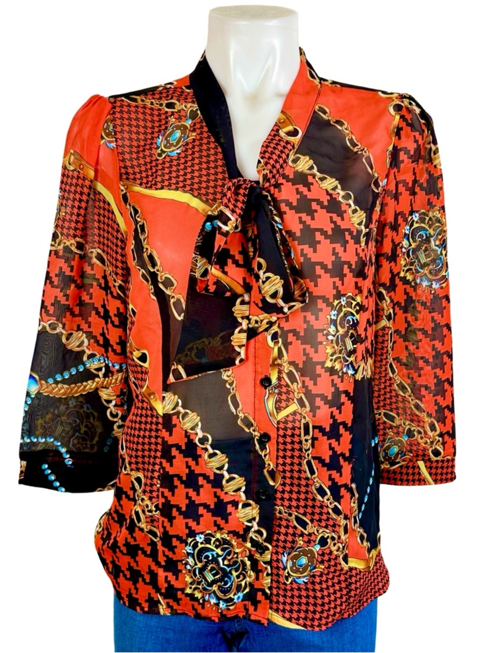 Pink Collection Woman’s Orange Graphic Long-Sleeve Sheer Blouse Size M